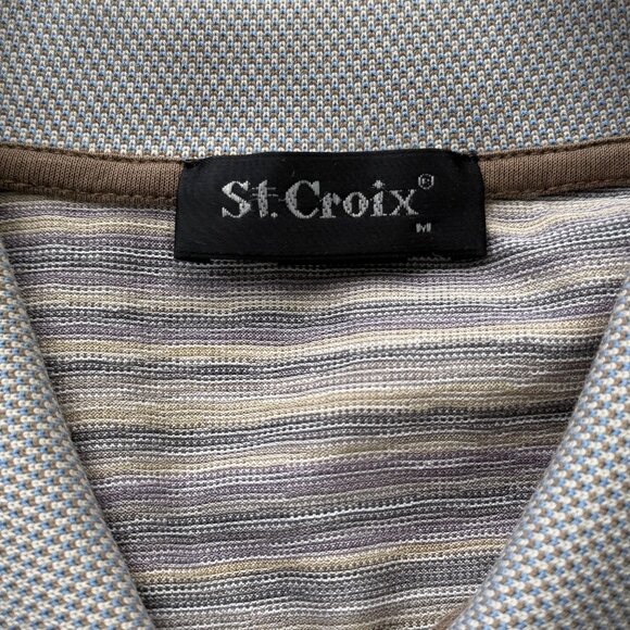 St. Croix Beige Gray Striped Polo Shirt 100% Cotton Vintage Mens Size Medium - Picture 6 of 8